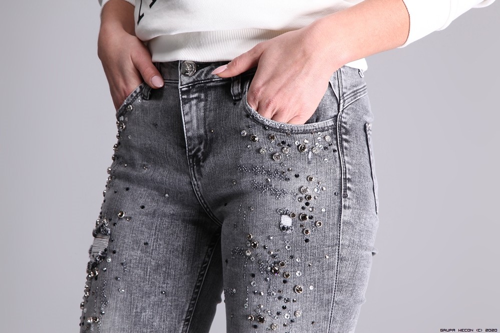 d-she spodnie jeans elastyczne krysztaly zdobienia nity madeineu srebro
