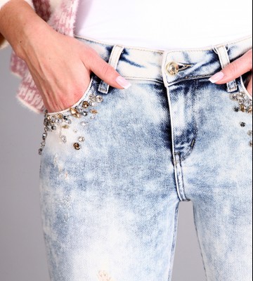 Jeansy W Błękicie+ Bogate Zdobienia Z... jeans elastyczne krysztaly zdobienia nity madeineu zloto srebro