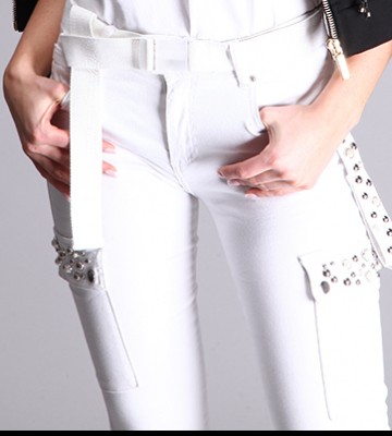  Białe Jeansy Bojówki Z Parcianym Paskiem+... sportowy modelujace dopasowane jeans bojowki zdobienia pasek nity perly madeineu srebro