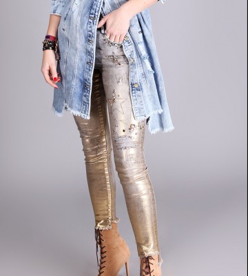  Biżuteryjne Jeansy Woskowane Złotem jeans elastyczne guziki madeineu srebro krysztaly zloto