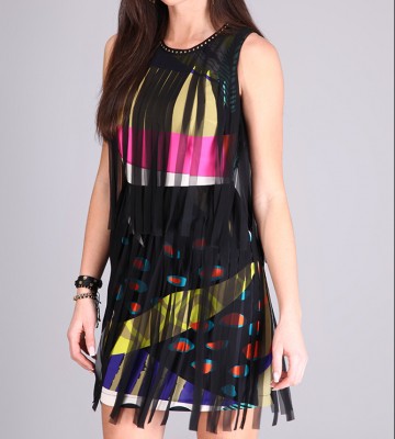  Kolorowa Sukienka+ Frędzle elegancki dopasowane transparentny fredzle madeineu