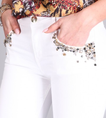  Białe Modelujące Jeansy+ Zdobienia z... jeans elastyczne krysztaly zdobienia nity madeineu zloto srebro