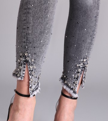  Jeansy W Szarości Marmur + Zdobienia Z... jeans elastyczne krysztaly zdobienia nity madeineu zloto srebro