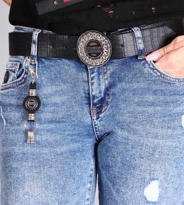  Elastyczne Przetarte Jeansy Slim z Paskiem+... dopasowane jeans elastyczne madeinitaly srebro pasek zdobienia blaszka