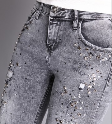  Jeansy W Szarości Marmur + Zdobienia Z... jeans elastyczne krysztaly zdobienia nity madeineu srebro