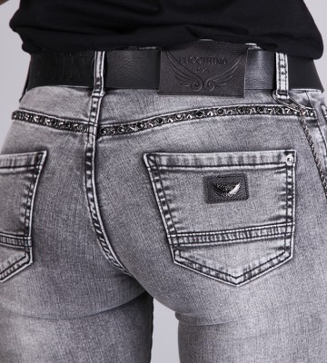  Elastyczne Jeansy Szarość Slim z Paskiem+... dopasowane jeans elastyczne madeinitaly srebro pasek zdobienia blaszka