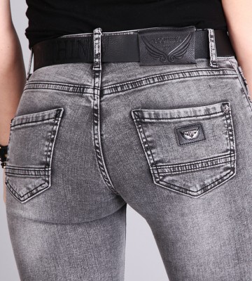  Elastyczne Jeansy Szarość Slim z Paskiem dopasowane jeans elastyczne madeinitaly srebro pasek zdobienia blaszka