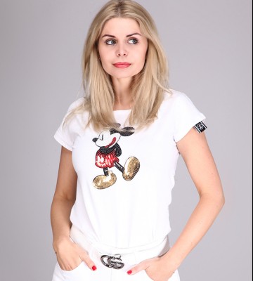  T-Shirt w Bieli+ Cekinowa Mickey, Logowana! swobodne krotkirekaw prontomoda madeinpoland krysztaly zdobienia srebro