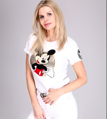  T-Shirt w Bieli+ Cekinowa Mickey, Logowana! swobodne krotkirekaw prontomoda madeinpoland krysztaly zdobienia srebro