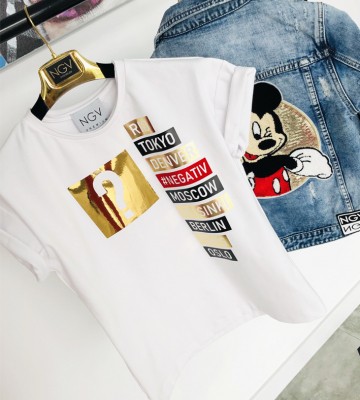  T-Shirt w Bieli Designerskie Nadruki swobodne krotkirekaw prontomoda madeinpoland krysztaly zdobienia srebro napisy