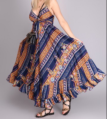  Wzorzysta Sukienka Maxi w Granacie z Dekoltem swobodne maxi madeinitaly
