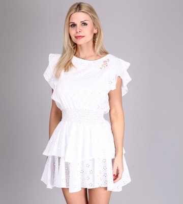  Biała Sukienka Ażurowana Bawełna Flaming swobodne bawelna transparentny koronka azurowe rozkloszowana asymetryczna madeinitaly