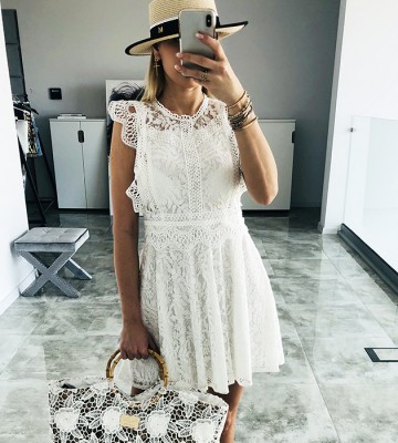  Koronkowa Sukienka W Bieli+ Riszelie elegancki rozkloszowana transparentny koronka