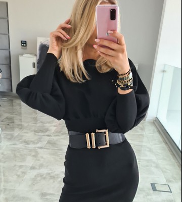  Sukienka w czerni Midi z Paskiem... elegancki dzianina pasek midi dlugirekaw madeineu zloto