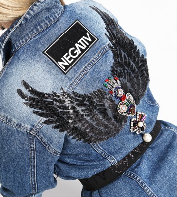  Katana Długa Jeansowa Cekinowe Skrzydła... sportowy swobodne jeans blyszczace dlugirekaw zdobienia madeinpoland cekiny