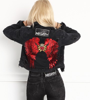  Katana Vintage Jeansowa Skrzydła Czerwone jeans haft dekatyzowane dlugirekaw vintage madeinpoland premiummoda cekiny