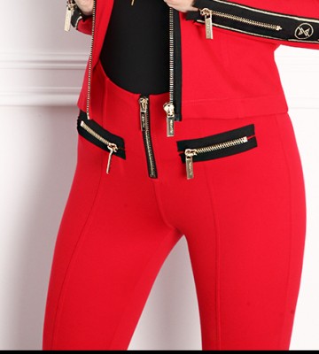  Czerwone Modelujące Spodnie z Suwakami+... dopasowane sportowy modelujace dzianina lampasy sciagacze elastyczne kaptur zdobienia suwaki madeinpoland premiummoda zloto