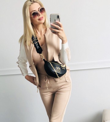  Beżowo/Kremowy Dzianinowy Set Bluza/Spodnie... swobodne dzianina glebokidekolt zdobienia madeineu zloto