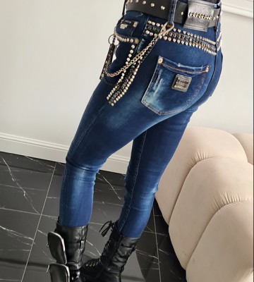  Elastyczne Jeansy Granat Nity z Paskiem+... dopasowane jeans elastyczne madeinitaly srebro pasek zdobienia blaszka krysztaly nity
