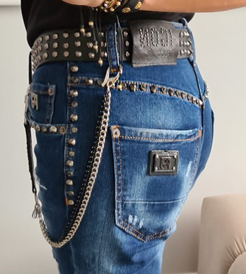  Jeansy Typu Boyfriend Granat Nity z Paskiem... swobodne jeans zdobienia krysztaly nity guziki dekatyzowane madeineu srebro premiummoda