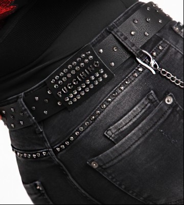  Elastyczne Jeansy Szarość Nity z Paskiem+... dopasowane jeans elastyczne madeinitaly srebro pasek zdobienia blaszka krysztaly nity