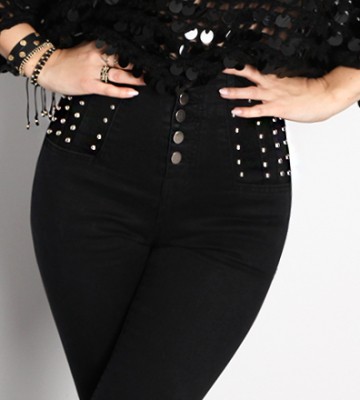  Jeansy Rurki Slim Czarne ze Srebrnymi Nitami dopasowane jeans elastyczne madeineu