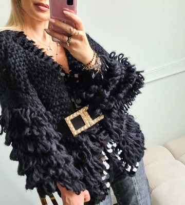  Sweter Hand Made Czarny Zdobienia Pasek... swobodne transparentny blyszczace zdobienia madeineu pasek