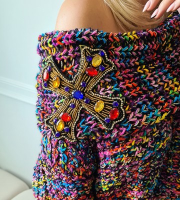  Sweter Kolorowy Z Włóczki- Biżuteria... dzianina krysztaly zdobienia nity welna madeinpoland premiummoda zloto