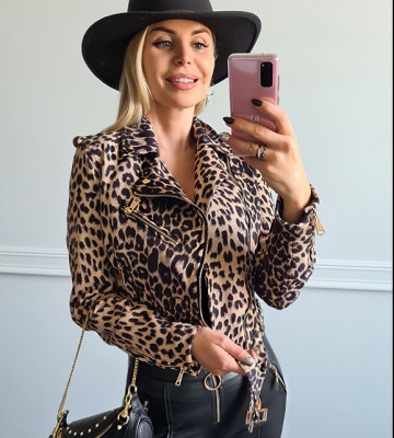  Ramoneska Zamszowana w Leopardzie Złote... zamszowe drapieznyprint suwaki zloto madeineu