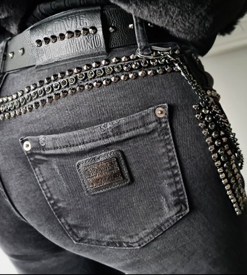 Elastyczne Jeansy Szarość Nity z Paskiem+... dopasowane jeans elastyczne madeinitaly srebro pasek zdobienia blaszka krysztaly nity