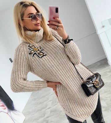  Beżowy Wełniany Dłuższy Sweter... swobodne blyszczace suwaki haft pikowane kaptur premiummoda madeinpoland zloto