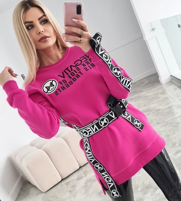 Dresowa Bluza Róż Napisy Logowane Taśmy... sportowy bawelna sciagacze sznurowany elastyczne blyszczace nadruk napisy madeinpoland premiummoda srebro kaptur