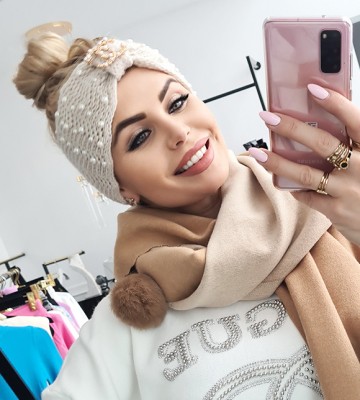  Beżowa Przepaska Wełna Perły Broszka welna zdobienia madeinpoland premiummoda zloto perly