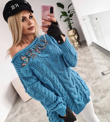  Niebieski Dłuższy Sweter Kryształowe... dzianina welna zdobienia napisy pasek madeinpoland premiummoda