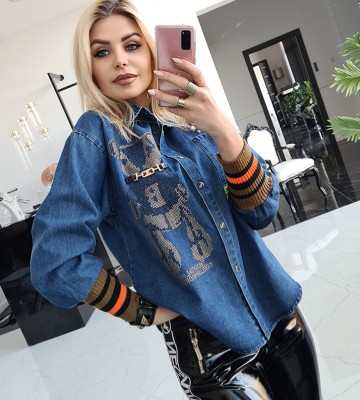  Jeansowa Koszula Kryształowy Misiek jeans kolnierzyk krysztaly zdobienia madeineu