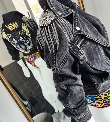  Ramoneska Bomber Jeansowa Skrzydła Pagony... jeans haft dekatyzowane dlugirekaw vintage madeinpoland premiummoda cekiny