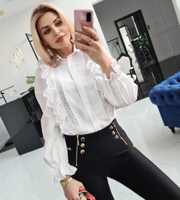  Biała Stylowa Koszula Kordonek Żaboty bawelna kolnierzyk transparentny guziki azurowe madeineu