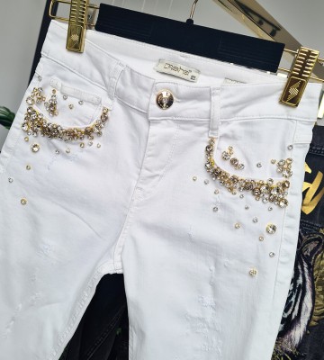  Jeansy Biel Slimoane Złote Kamienie... modelujace jeans elastyczne blyszczace zdobienia krysztaly madeineu zloto