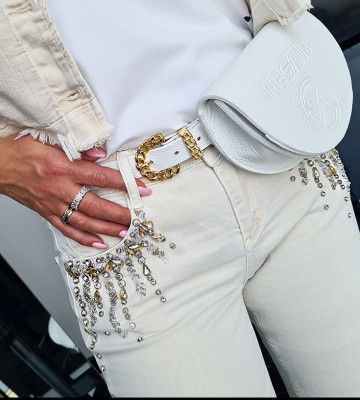  Jeansy Beż Skinny Fit Kamienie Kryształowe dopasowane elastyczne jeans krysztaly zdobienia nity madeineu srebro
