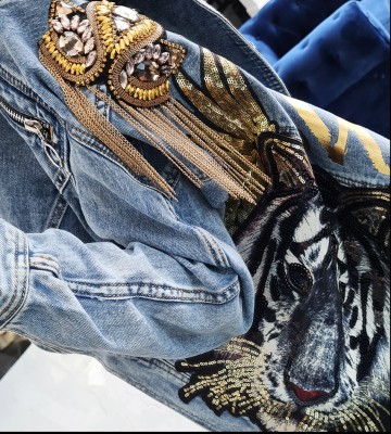  Bomber Jeans Skrzydła Tygrys Pagony... jeans haft dekatyzowane dlugirekaw vintage madeinpoland premiummoda cekiny krysztaly zdobienia