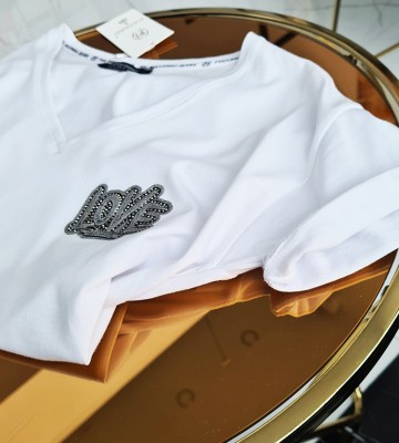  T-shirt W Bieli+ Kryształowe Logo Srebro bawelna krysztaly zdobienia zloto srebro madeineu