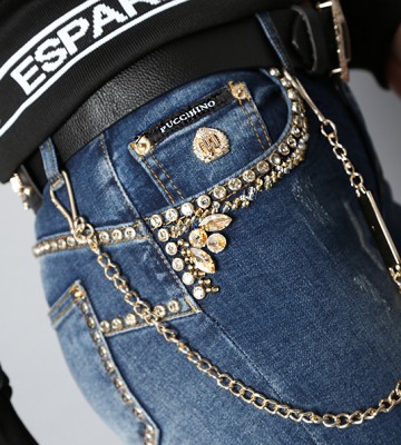  Jeans Denim Sllimowane Pasek Kryształy... jeans elastyczne pasek lancuchy madeineu zloto