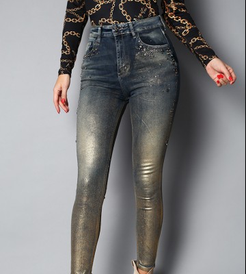  Jeansy Rurki Slim Złocone Woskiem Kryształy jeans elastyczne zdobienia krysztaly nity madeineu premiummoda zloto srebro