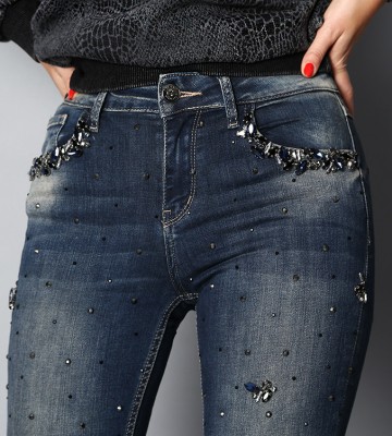  Jeansy Denim Rurki Slim Kryształowe... jeans elastyczne zdobienia krysztaly nity madeineu premiummoda zloto srebro