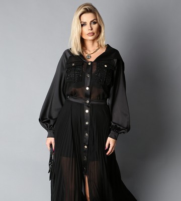  Ekskluzywna Maxi Sukienka Szyfon z Jedwabiem elegancki wieczorowy lurex zdobienia napy guziki madeineu premiummoda zloto transparentny kaptur blyszczace jedwab