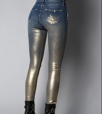  Jeansy Rurki Slim Złocone Woskiem Logowane jeans elastyczne zdobienia krysztaly nity madeineu premiummoda zloto srebro