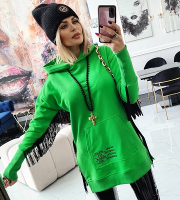  Zielona Z Kapturem Frędzle Bez... swobodne dzianina bawelna elastyczne asymetryczna kaptur dlugirekaw napisy madeinpoland premiummoda zloto