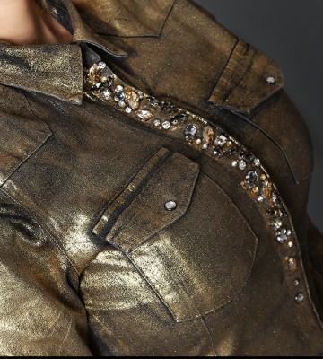  Koszula Jeans Złocona Biżuteryjna w... dopasowane modelujace bawelna kolnierzyk dekatyzowane zdobienia krysztaly nity madeineu premiummoda zloto