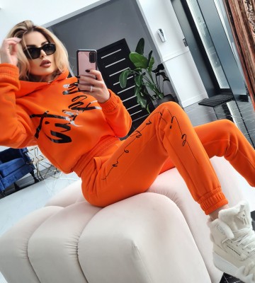  Pomarańczowy Dres Z Kapturem Błyszczące... swobodne bawelna kaptur zdobienia napisy madeinpoland premiummoda