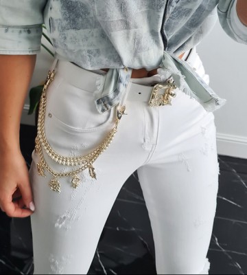  Jeansy Białe Slim Z Paskiem i Łańcuchami dopasowane jeans elastyczne vintage madeineu srebro zloto